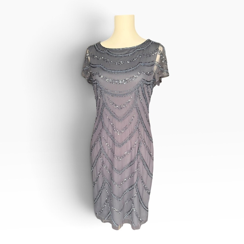Adrianna Papell Size 8 Gray Beaded Sequin Art Deco Cocktail Dress Gatsby